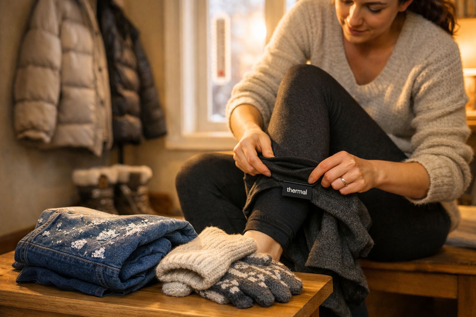 Mulher vestindo roupa térmica cinzenta num ambiente acolhedor com roupas de inverno ao lado.
