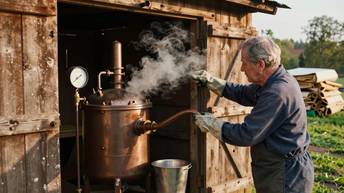Homem idoso operando um alambique de cobre fumegante numa cabana de madeira, ao ar livre.