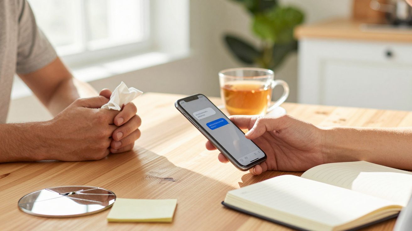 Pessoa segurando smartphone com mensagem recebida, outra pessoa à frente com chá e caderno aberto sobre a mesa de madeira.