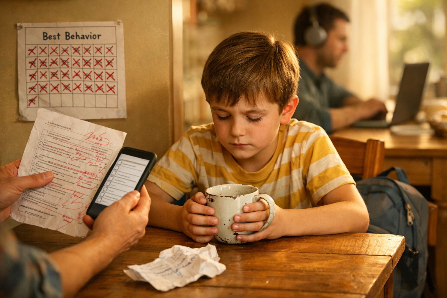 Pai ensina filho a desenhar na mesa com lápis de cor, rodeados por plantas e brinquedos.