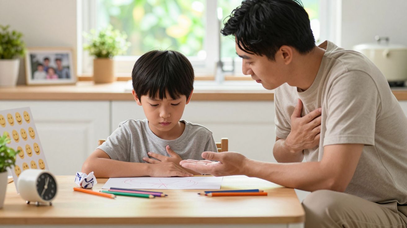 Pai a conversar com o filho na mesa da cozinha, ambos com a mão no peito, rodeados por papel e lápis coloridos.