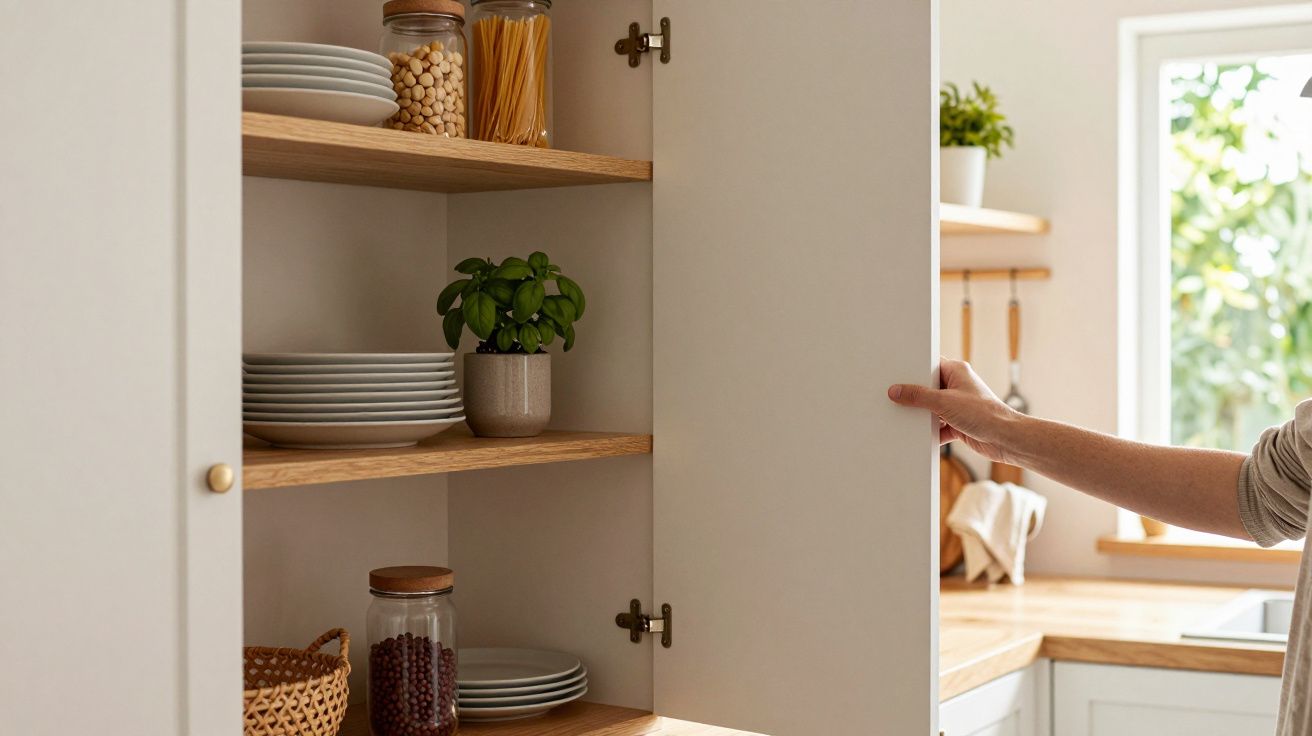 Pessoa abre armário de cozinha com pratos, frascos de alimentos e planta. Luz natural entra pela janela ao fundo.