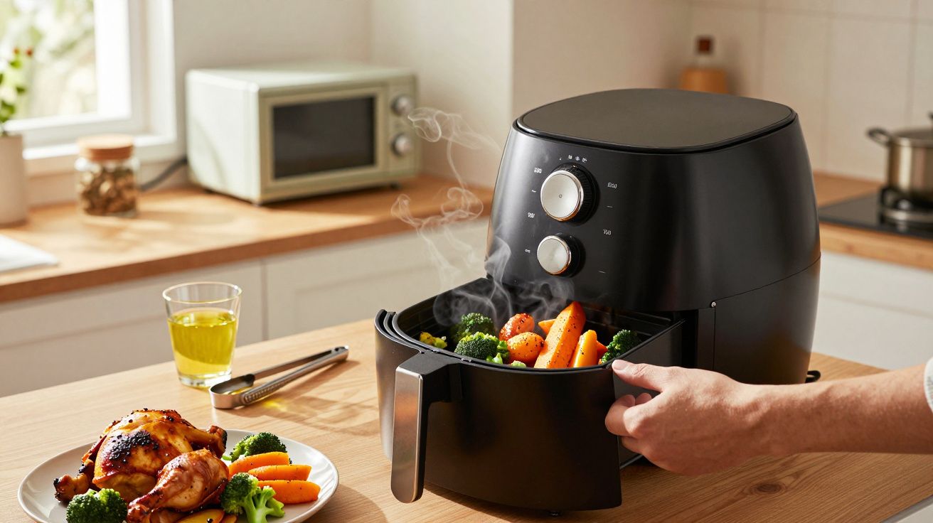 Pessoa usando fritadeira de ar em cozinha, cozinhar legumes. Prato servido e copo de sumo na mesa.