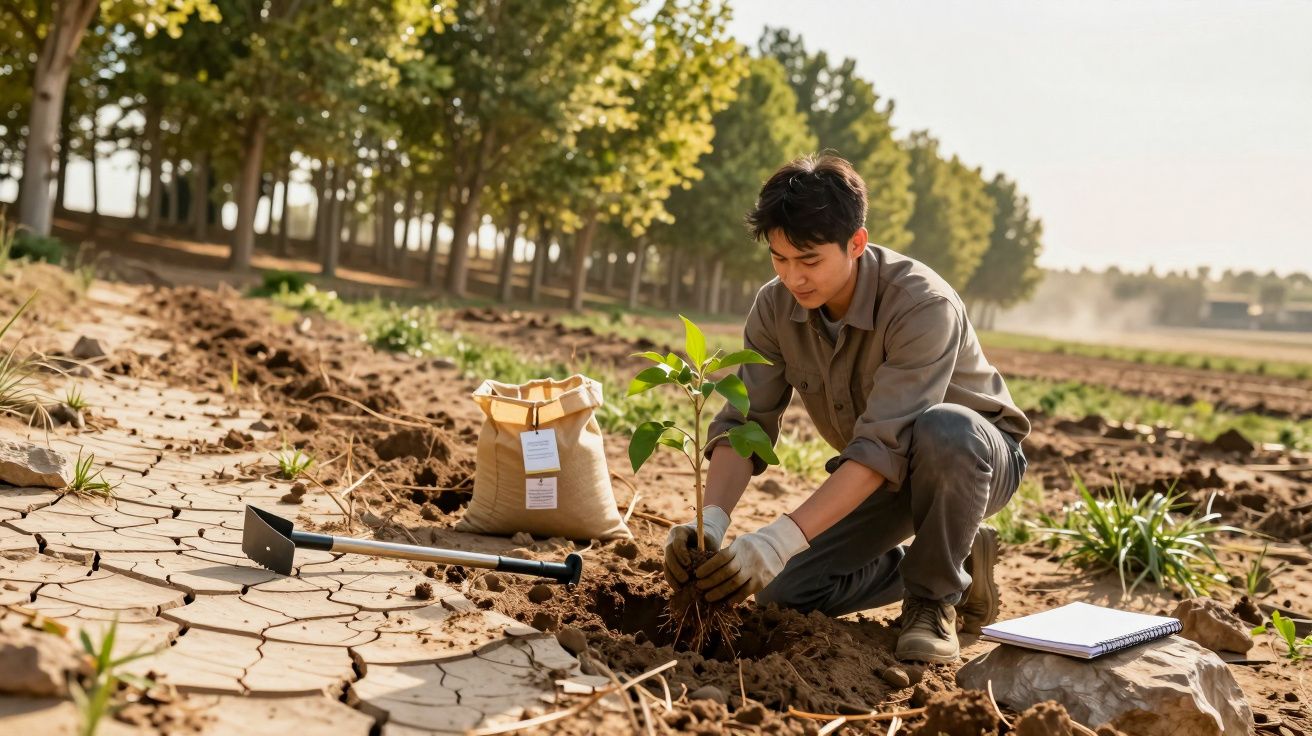 Homem planta árvore jovem em solo seco, com ferramentas e bloco de notas ao lado, cercado por árvores ao fundo.