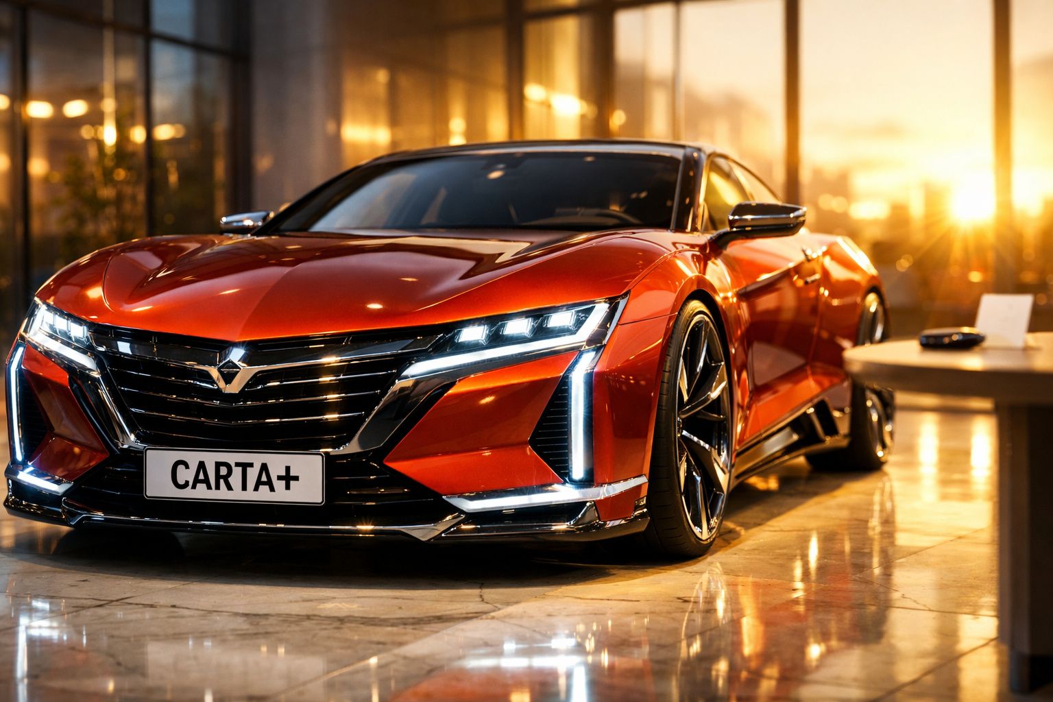 Carro azul moderno exibido numa sala elegante com janelas grandes, planta e mesa com computador portátil.