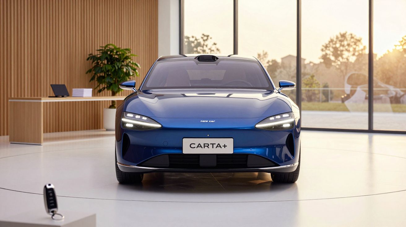 Carro elétrico azul num showroom moderno, com chave e mesa ao fundo.