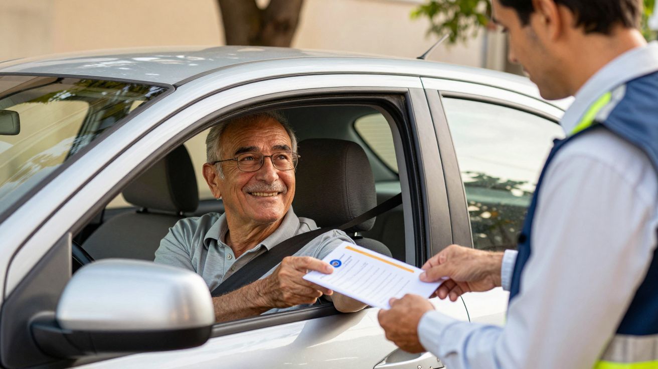 Condutor idoso num carro entrega documentos a um agente de trânsito pela janela entreaberta, ambos sorrindo.