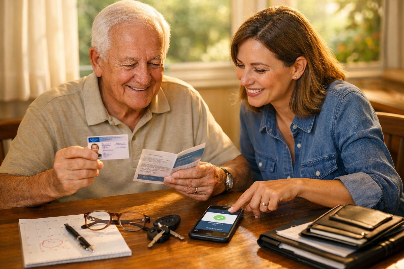 Homem idoso de óculos dentro de carro, segurando documentos. Outra pessoa do lado de fora mostra telemóvel e envelope.