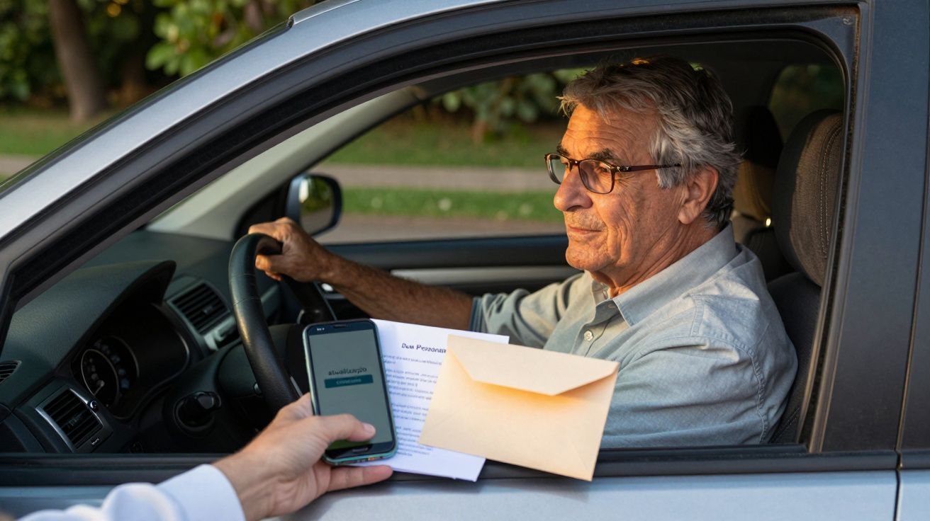 Homem idoso num carro recebe documentos de uma pessoa do lado de fora, incluindo um envelope e um smartphone.