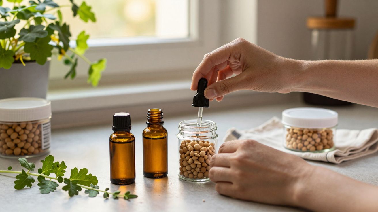 Mão segura conta-gotas sobre frasco de grãos em bancada, entre garrafas de vidro âmbar e planta verde ao fundo.