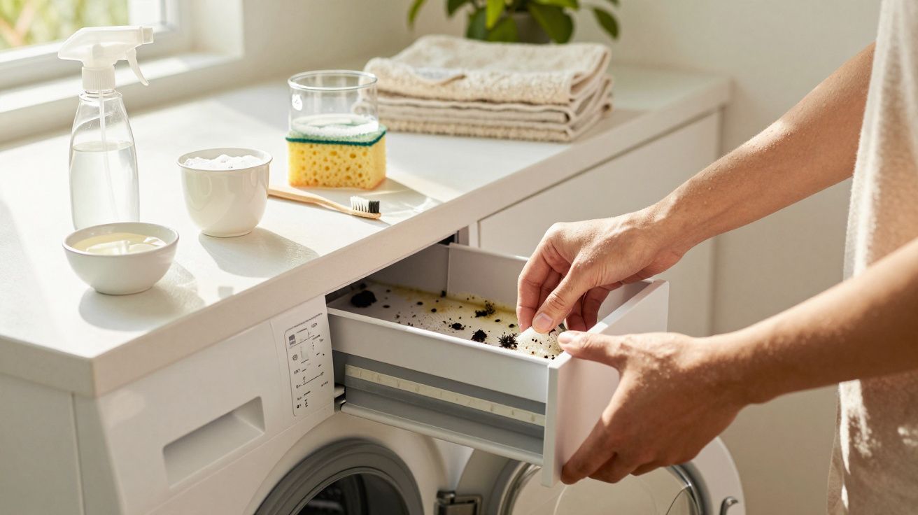 Pessoa a limpar a gaveta de detergente de uma máquina de lavar roupa numa lavandaria bem iluminada.
