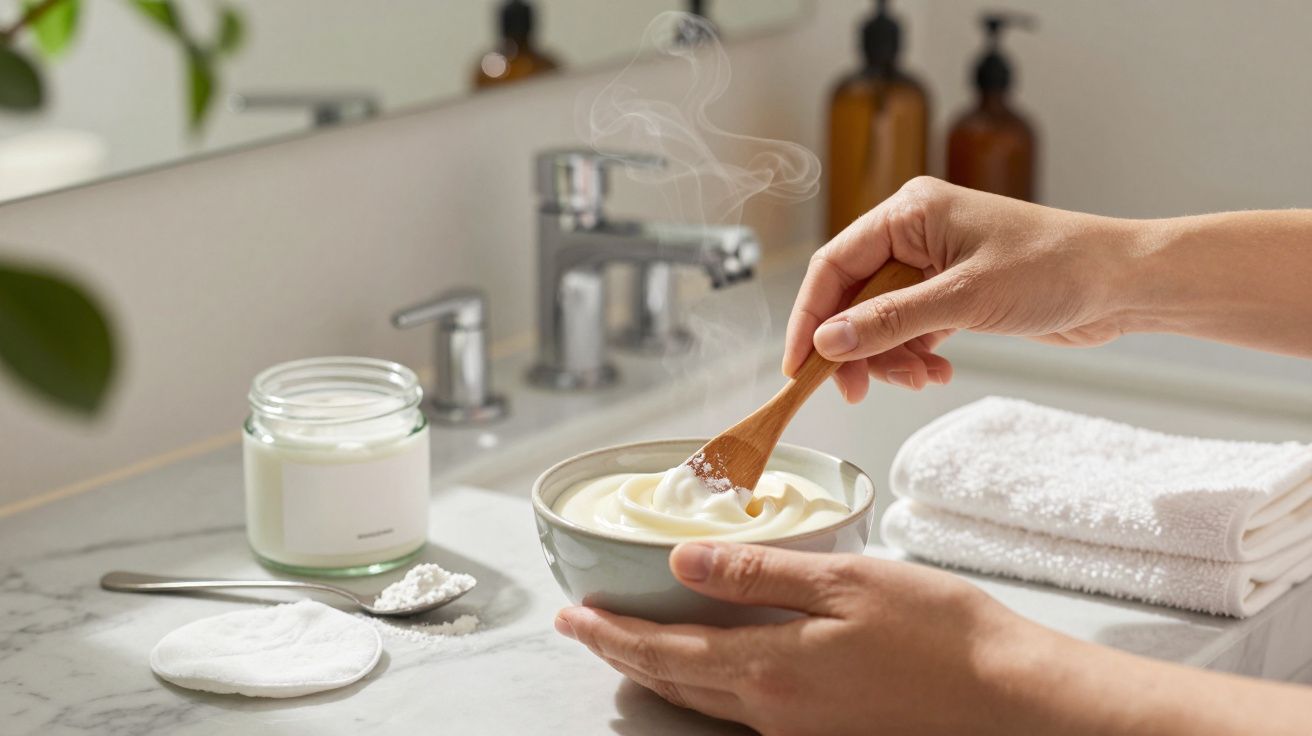 Mãos a mexer creme espesso numa tigela de cerâmica ao lado de toalhas, frascos e um lavatório de casa de banho.