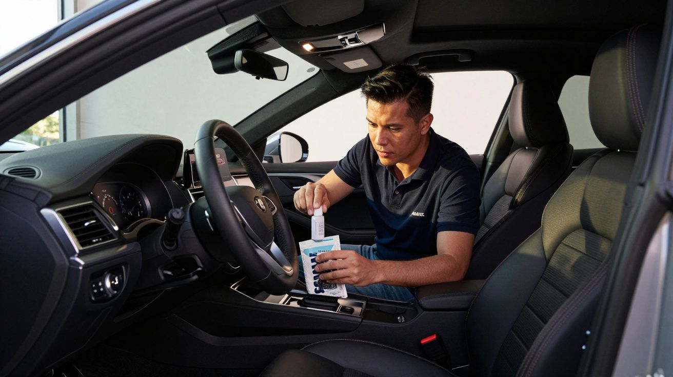 Homem sentado num carro, preparando um teste de diagnóstico com um kit no banco do motorista.