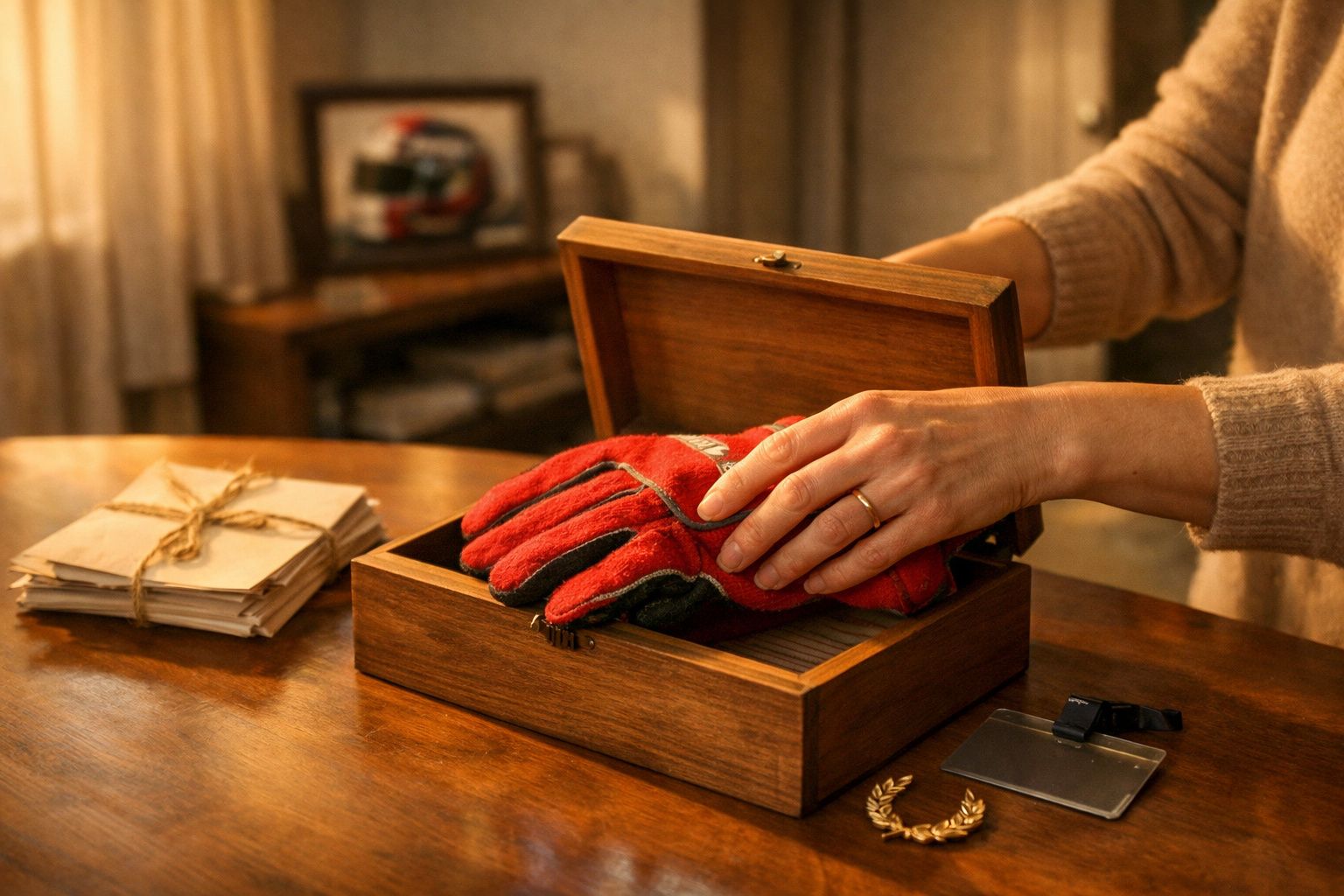 Mãos seguram quadro com foto de carro de Fórmula 1. Na mesa, luvas vermelhas e crachá. Vaso de flores ao fundo.
