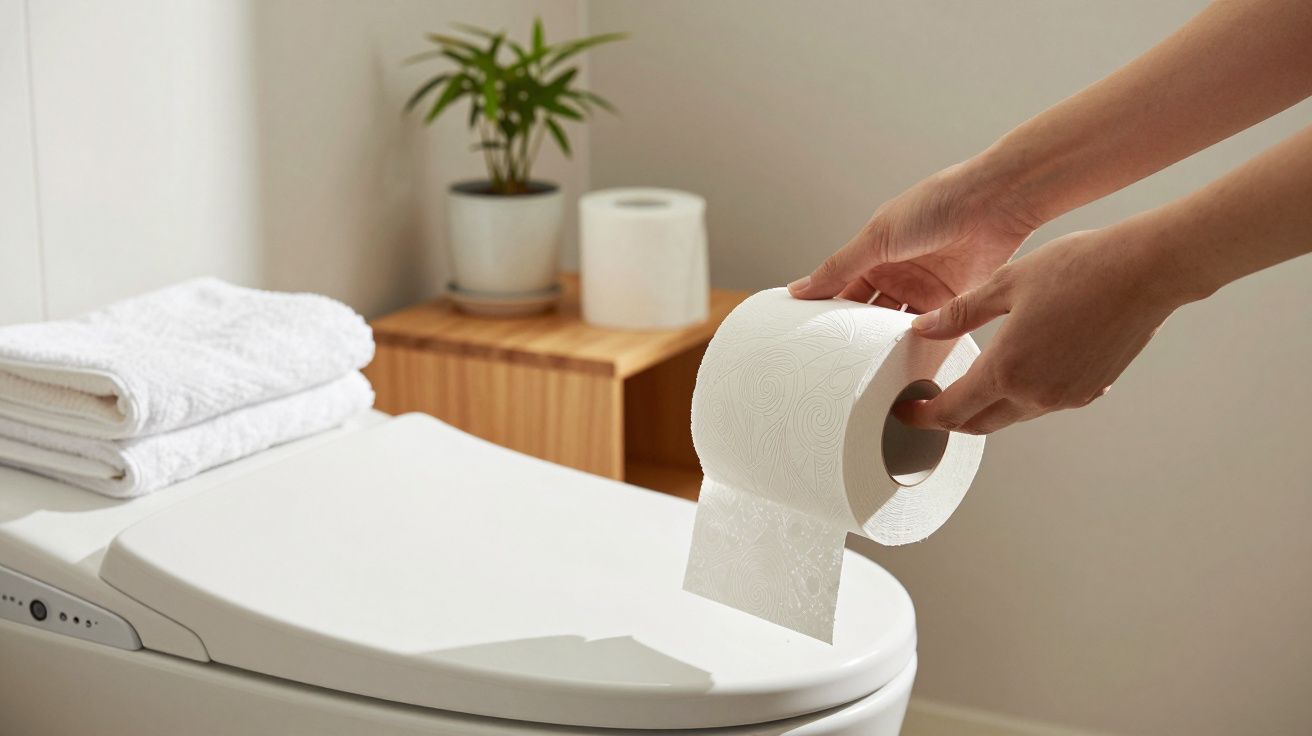 Mãos segurando papel higiénico ao lado de um sanitário branco, com toalhas dobradas e planta sobre bancada de madeira.