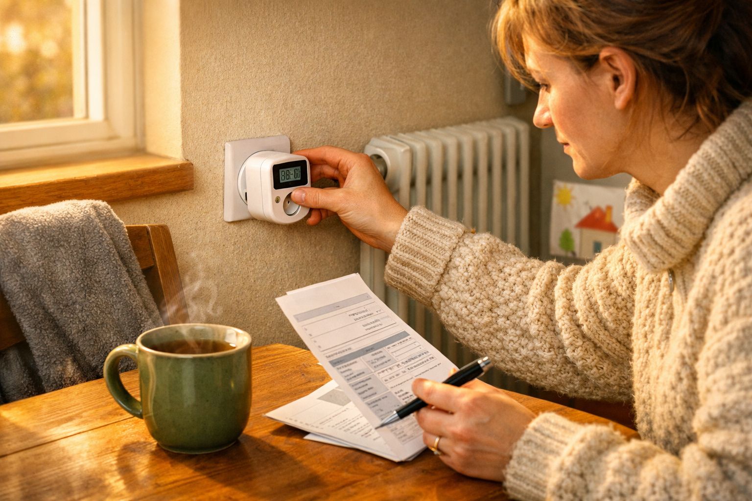 Mão ajusta termóstato digital em aquecedor, chá quente e papel Lidl na mesa, pessoa ao fundo coberta com manta.