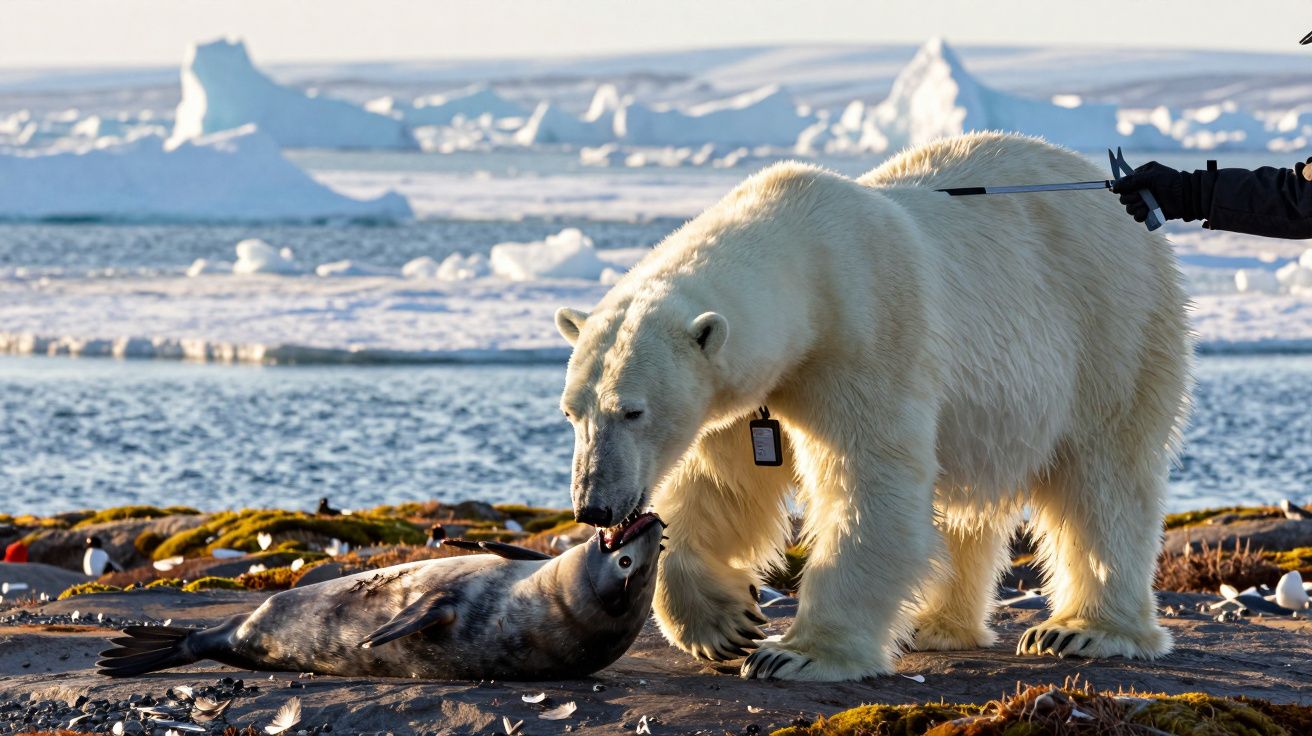 Urso polar atrás de uma foca num cenário de gelo com icebergs ao fundo.