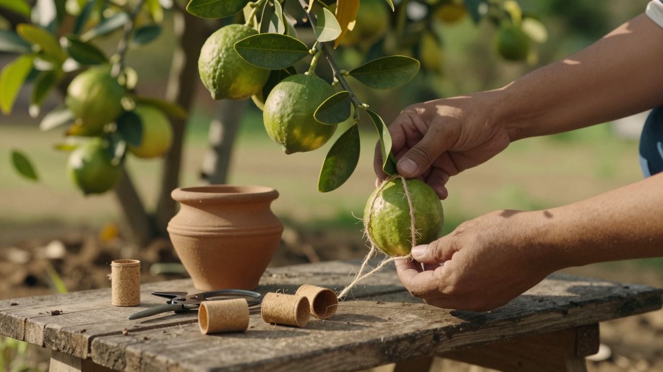 Mãos amarrando uma fruta cítrica em árvore, ao lado de vaso de barro e ferramentas sobre banco de madeira.