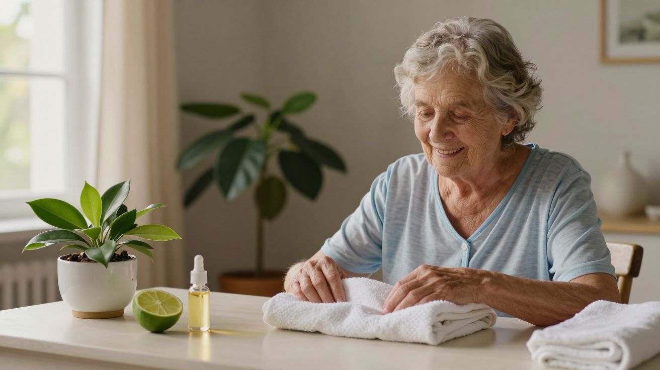 Idosa sorridente dobra toalhas na mesa com plantas e frasco de óleo.