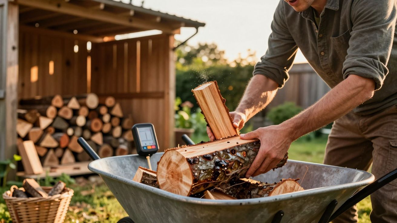 Pessoa põe lenha cortada num carrinho de mão no quintal, ao lado de pilha de madeira perto de um galpão de madeira.
