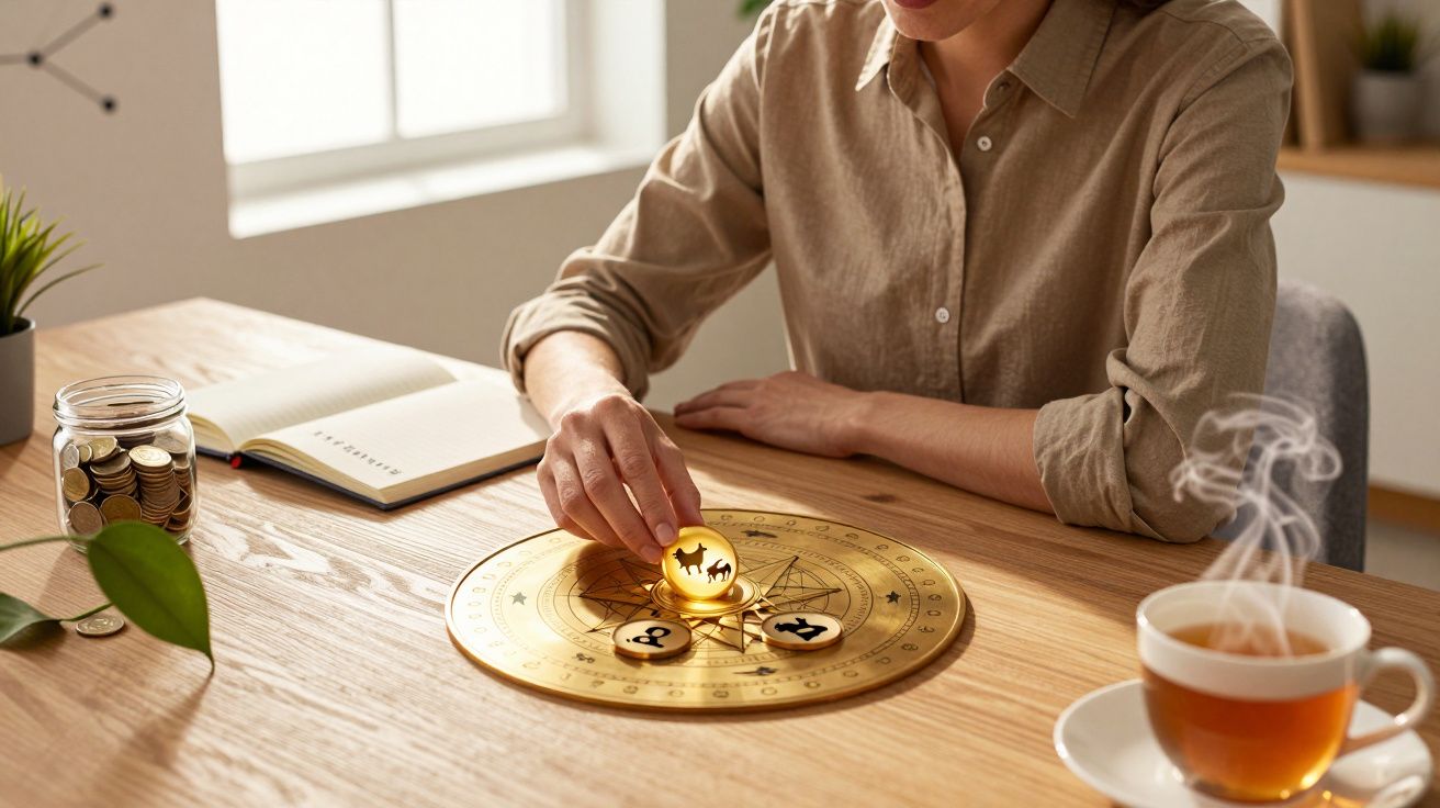 Mulher move uma esfera dourada sobre um tabuleiro astronómico numa mesa de madeira, com chá e moedas ao lado.