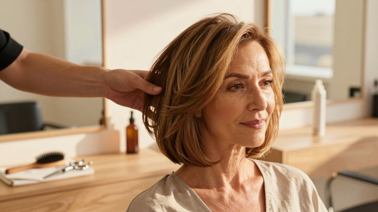 Mulher de cabelos curtos sendo penteada num salão de cabeleireiro, sorrindo ligeiramente.