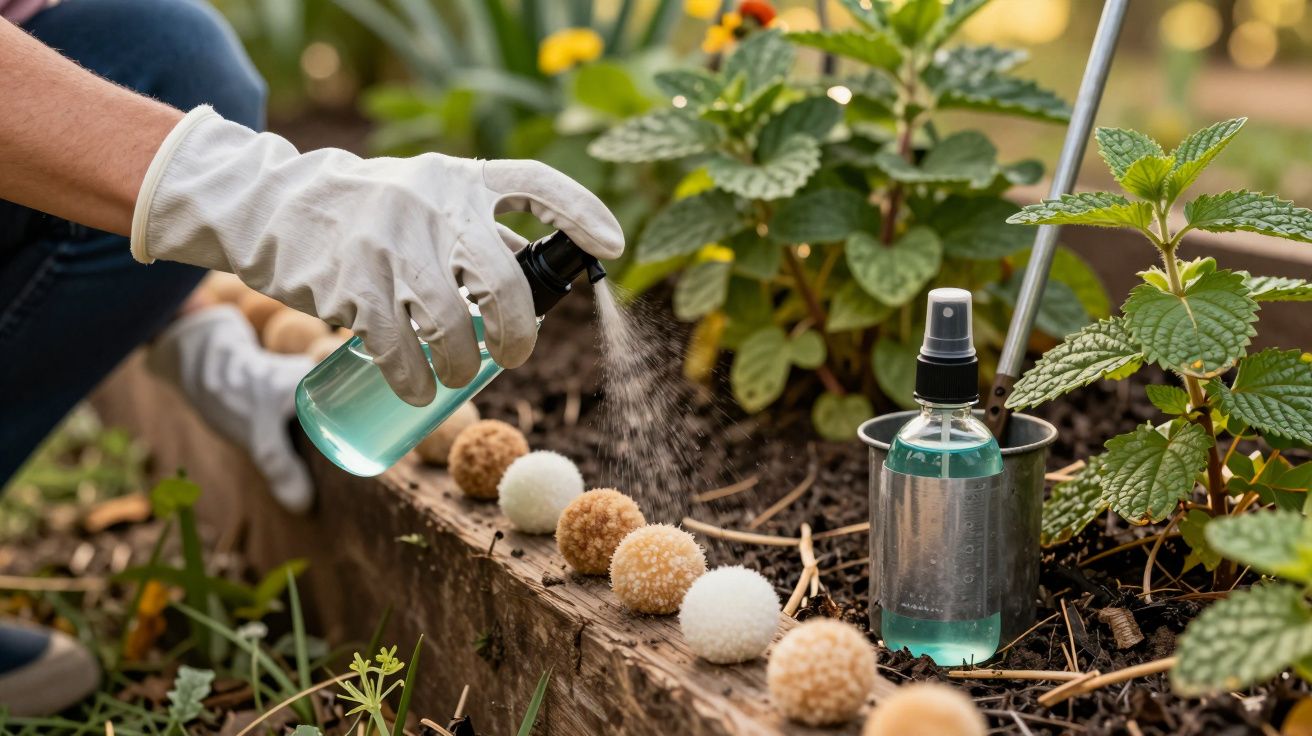 Mão com luva pulveriza plantas em canteiro, rodeadas por bolas decorativas, utilizando frasco spray.