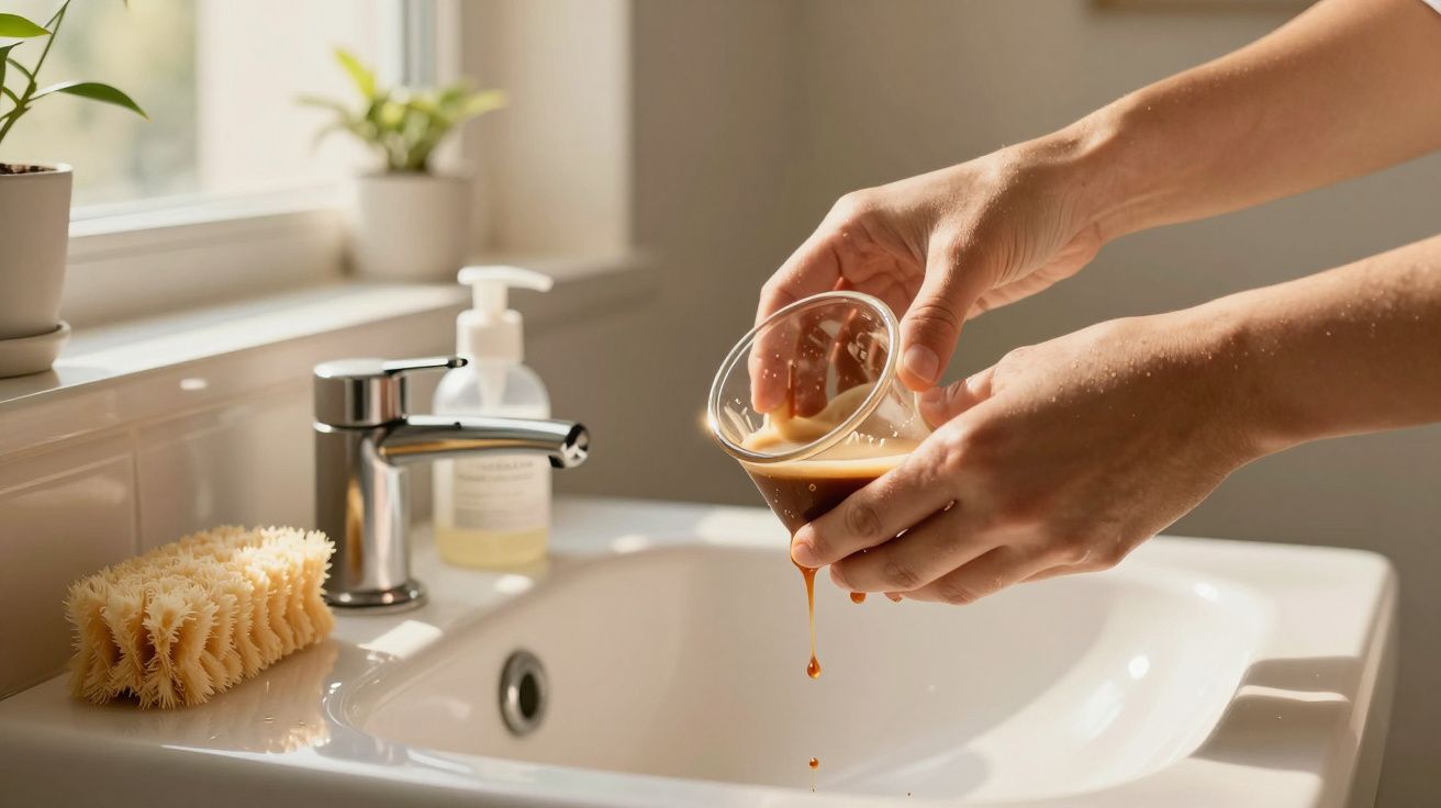 Mãos despejando café numa pia branca com uma escova e sabonete ao lado, luz suave entra pela janela.