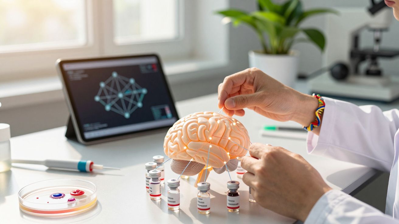 Cientista ajusta modelo de cérebro humano numa mesa com frascos de vacina, tablet e plantas ao fundo.