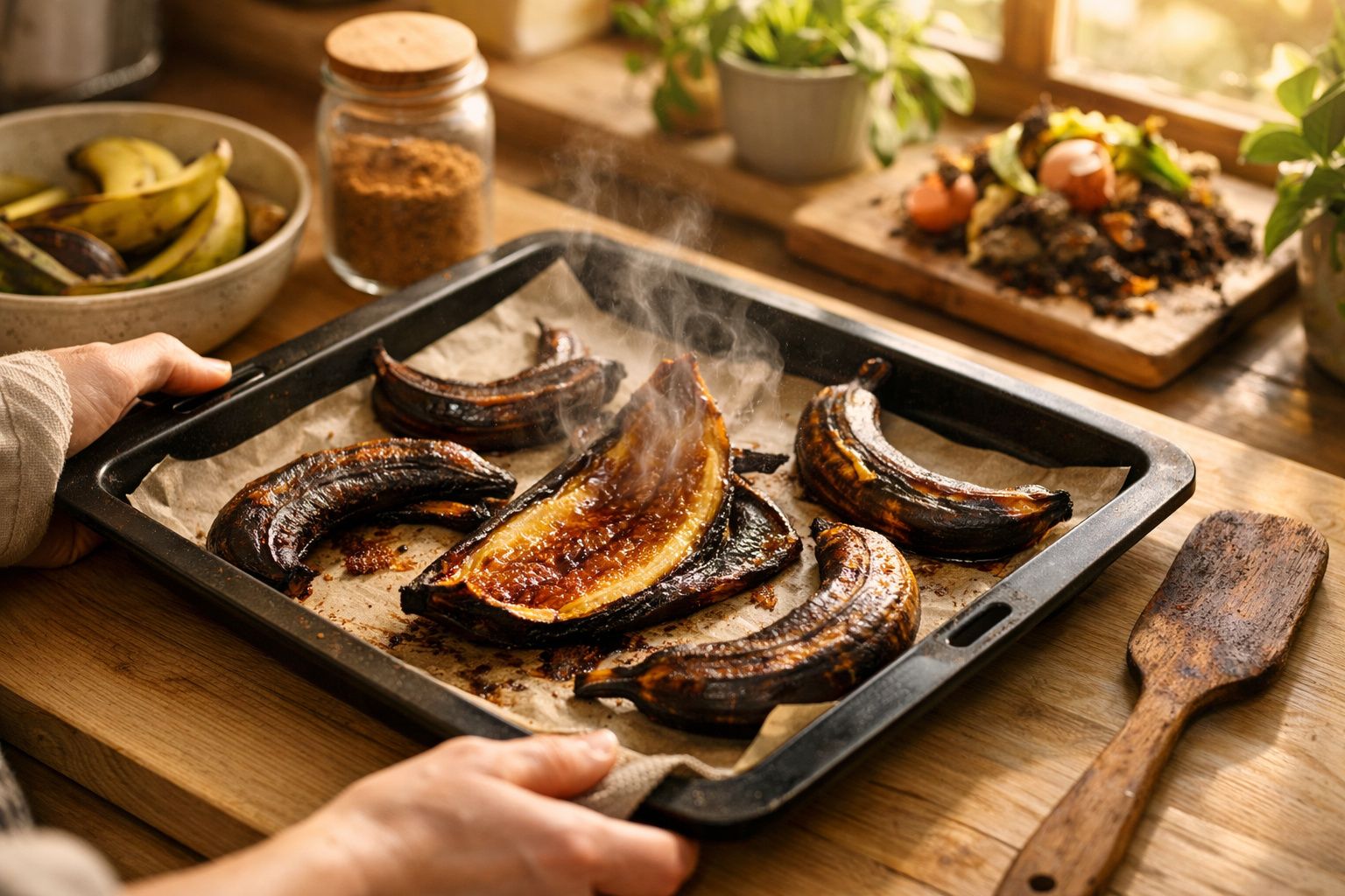 Pessoa segura tabuleiro com bananas assadas numa cozinha iluminada.