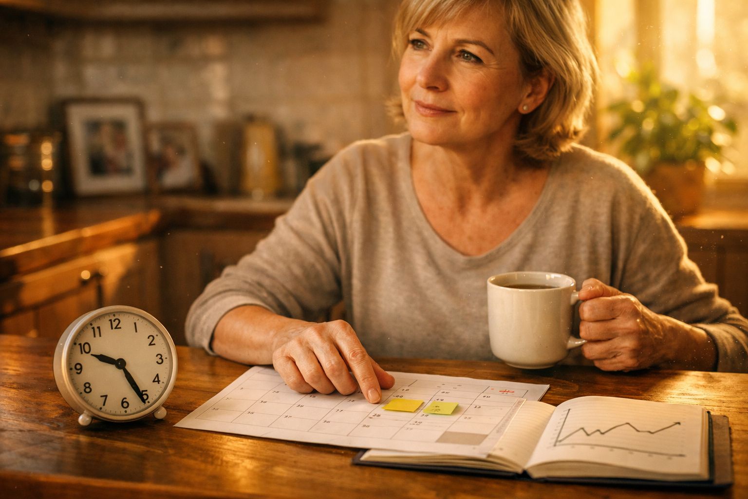 Pessoa em cozinha moderna com chávena de café, calendário e bloco de notas numa mesa de madeira.
