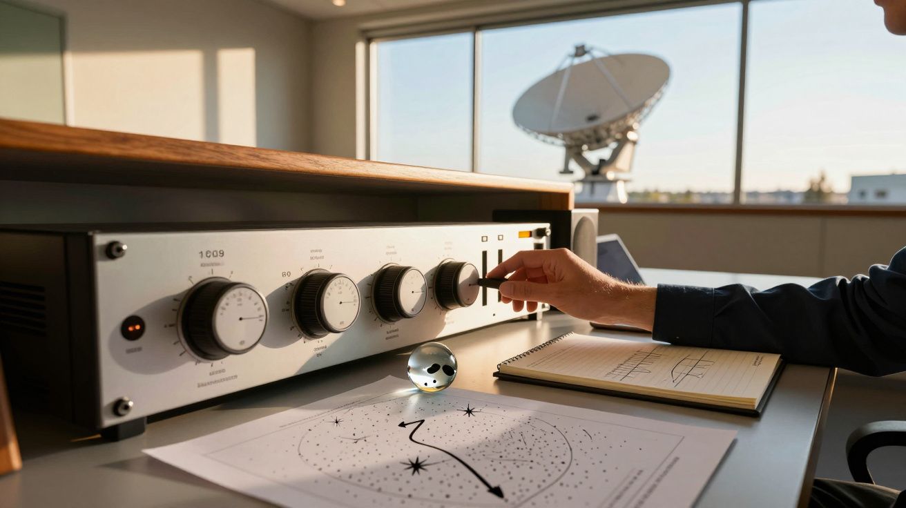 Pessoa ajusta equipamento de rádio num escritório, com um telescópio ao fundo e uma folha com um mapa estelar na mesa.