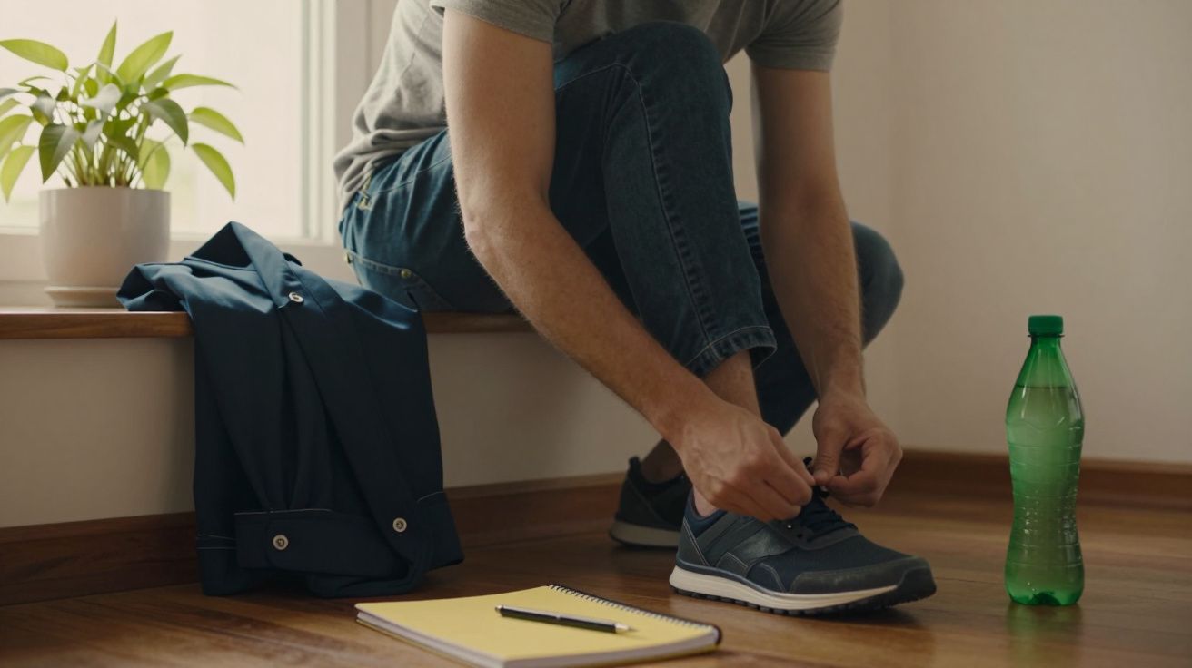 Homem a atar os atacadores dos ténis numa sala, com camisa, garrafa e bloco de notas no chão ao lado.