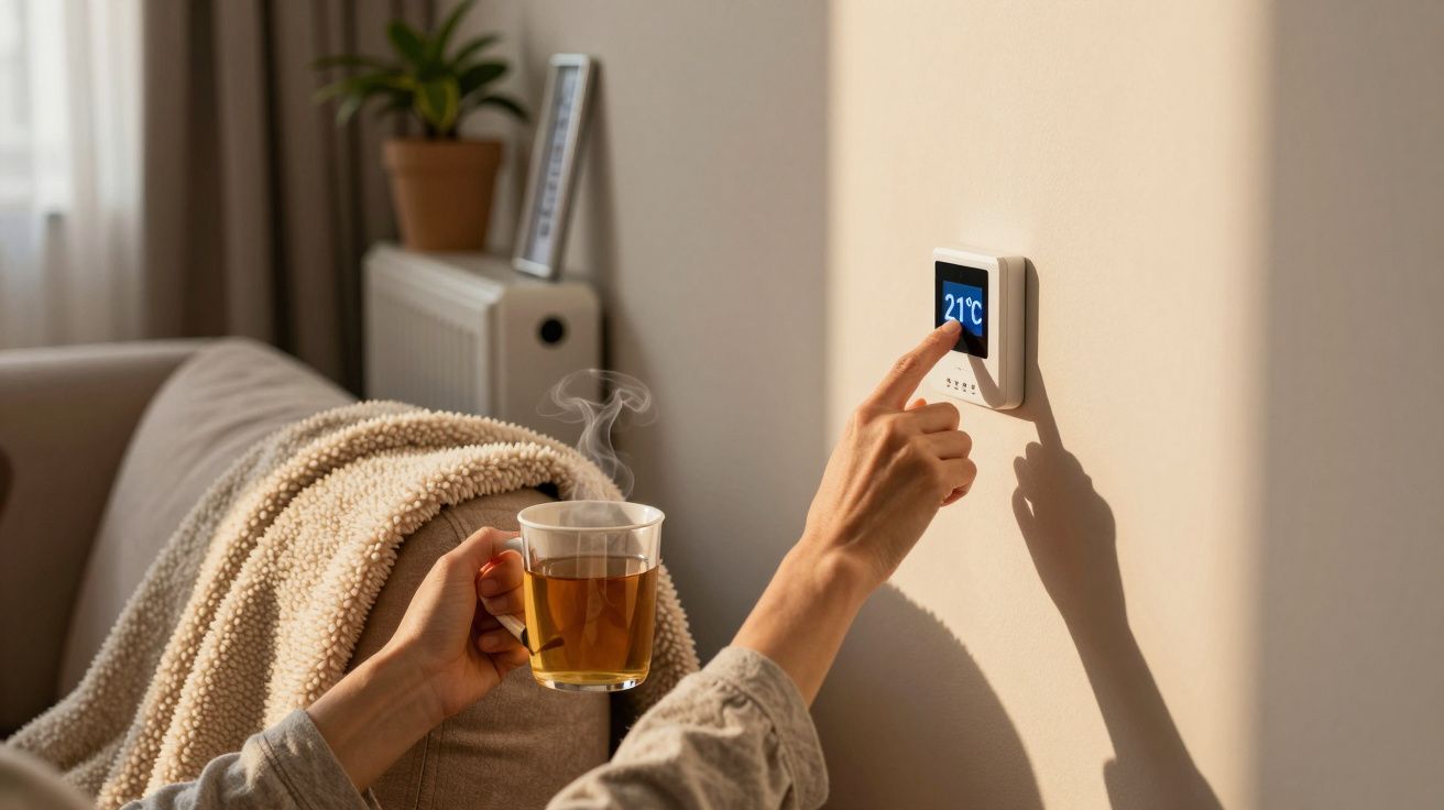 Pessoa ajustando termostato digital na parede enquanto segura uma chávena de chá quente, numa sala aconchegante.