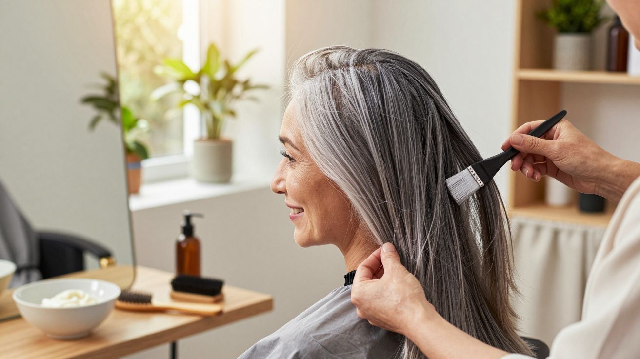 Mulher de cabelo grisalho a ser pintado num salão de cabeleireiro, com espelho e plantas ao fundo.