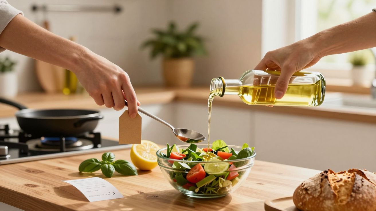 Pessoa a temperar salada com azeite numa cozinha, com pão e uma panela ao fundo.