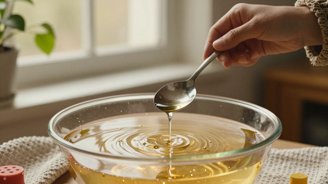 Pessoa a derramar mel de uma colher numa taça de vidro, com janela ao fundo.
