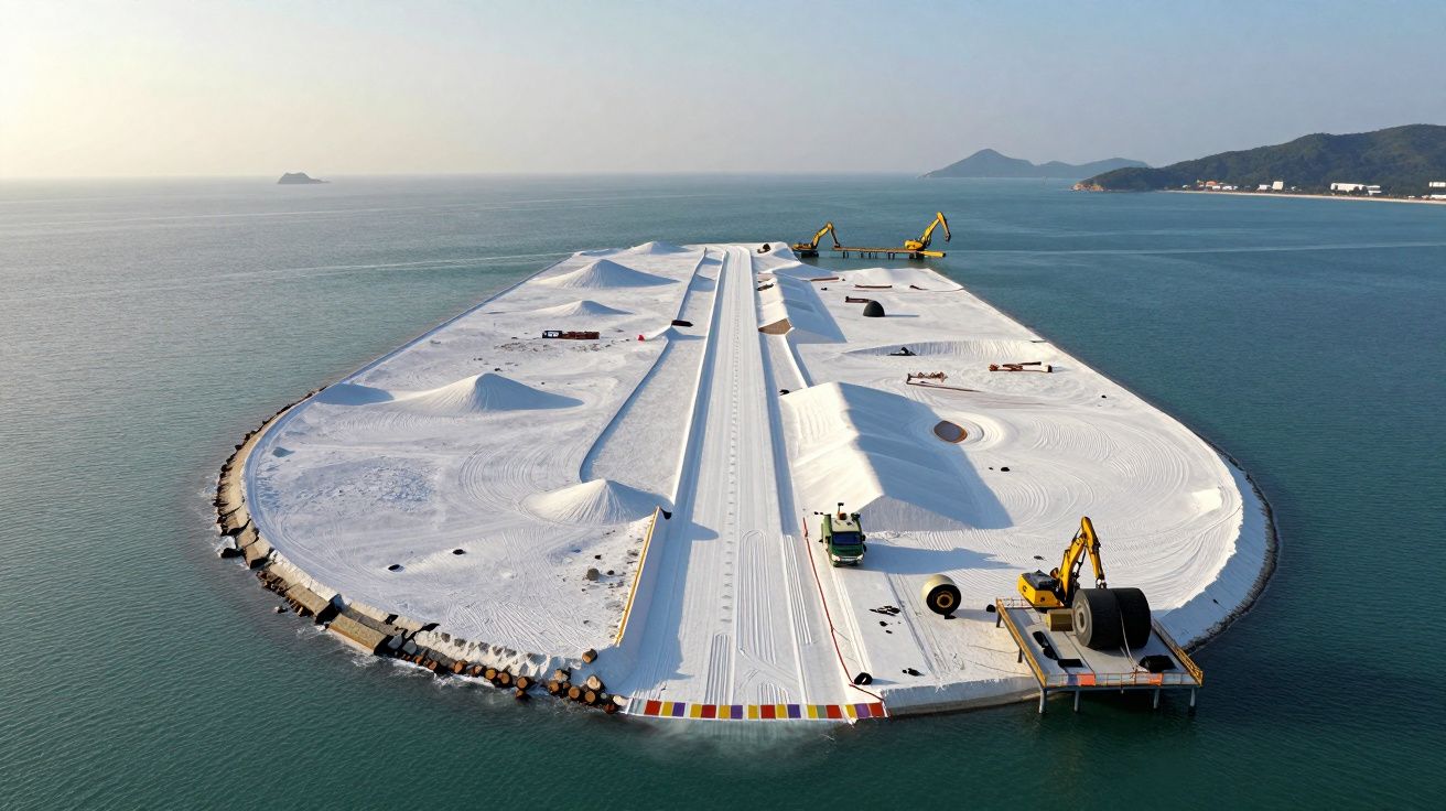 Ilha artificial em construção, com grandes montes de areia, máquinas e mar ao redor, vista aérea ao entardecer.