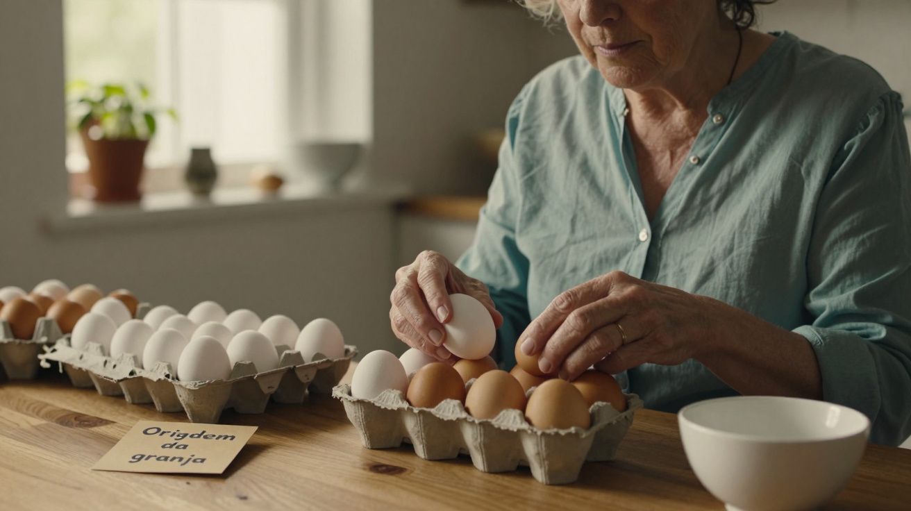 Mulher arrumando ovos em caixas de cartão numa cozinha, com nota "Origem da granja" ao lado.