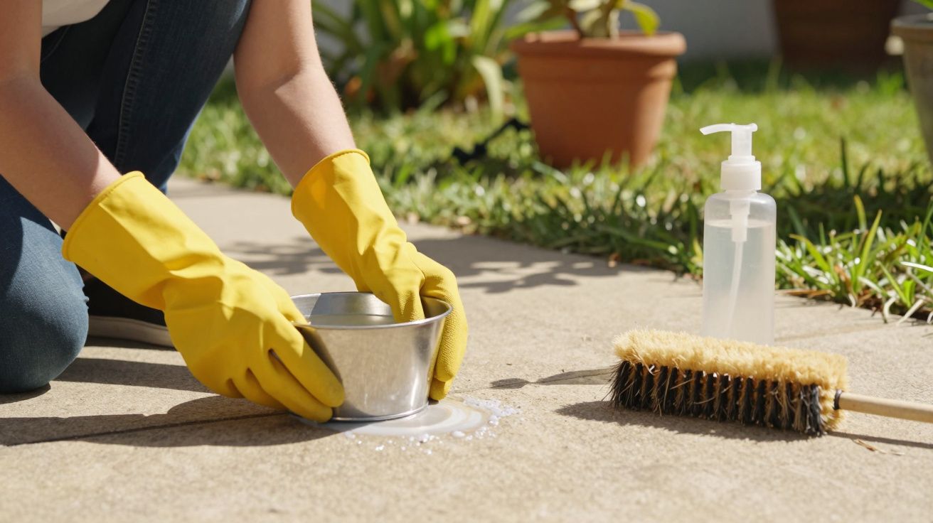 Pessoa com luvas amarelas limpa uma superfície exterior com uma tigela de metal, escova e detergente.