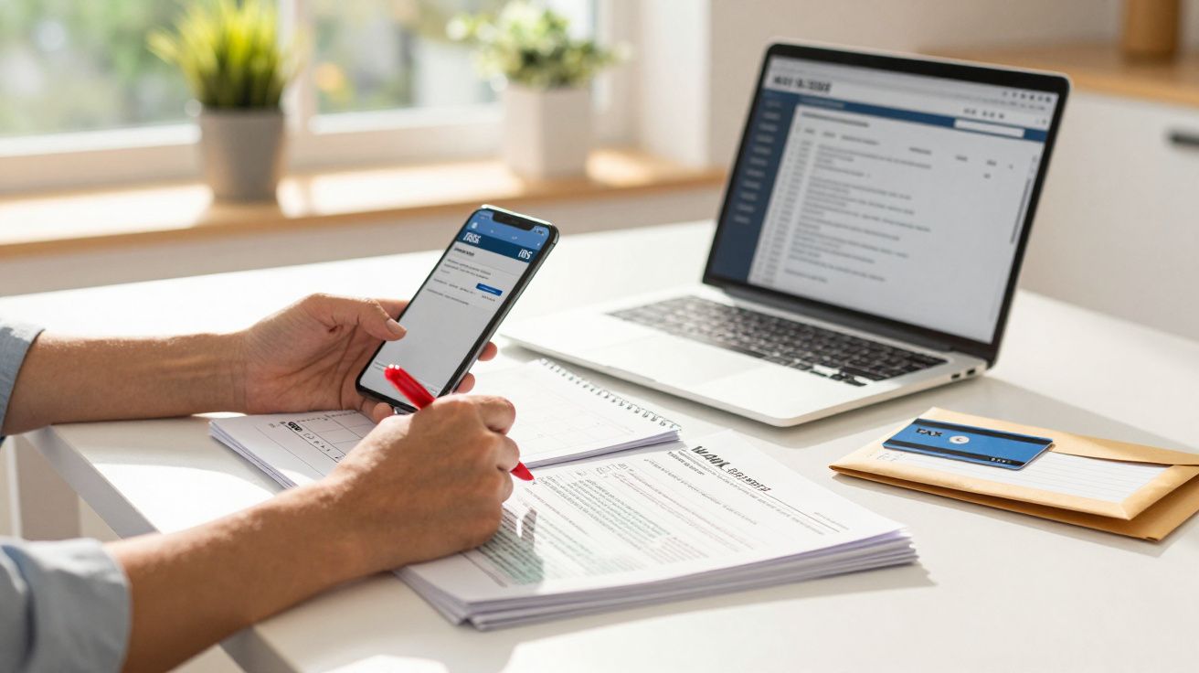 Pessoa trabalha num escritório com portátil e smartphone, fazendo anotações num documento em papel com caneta vermelha.