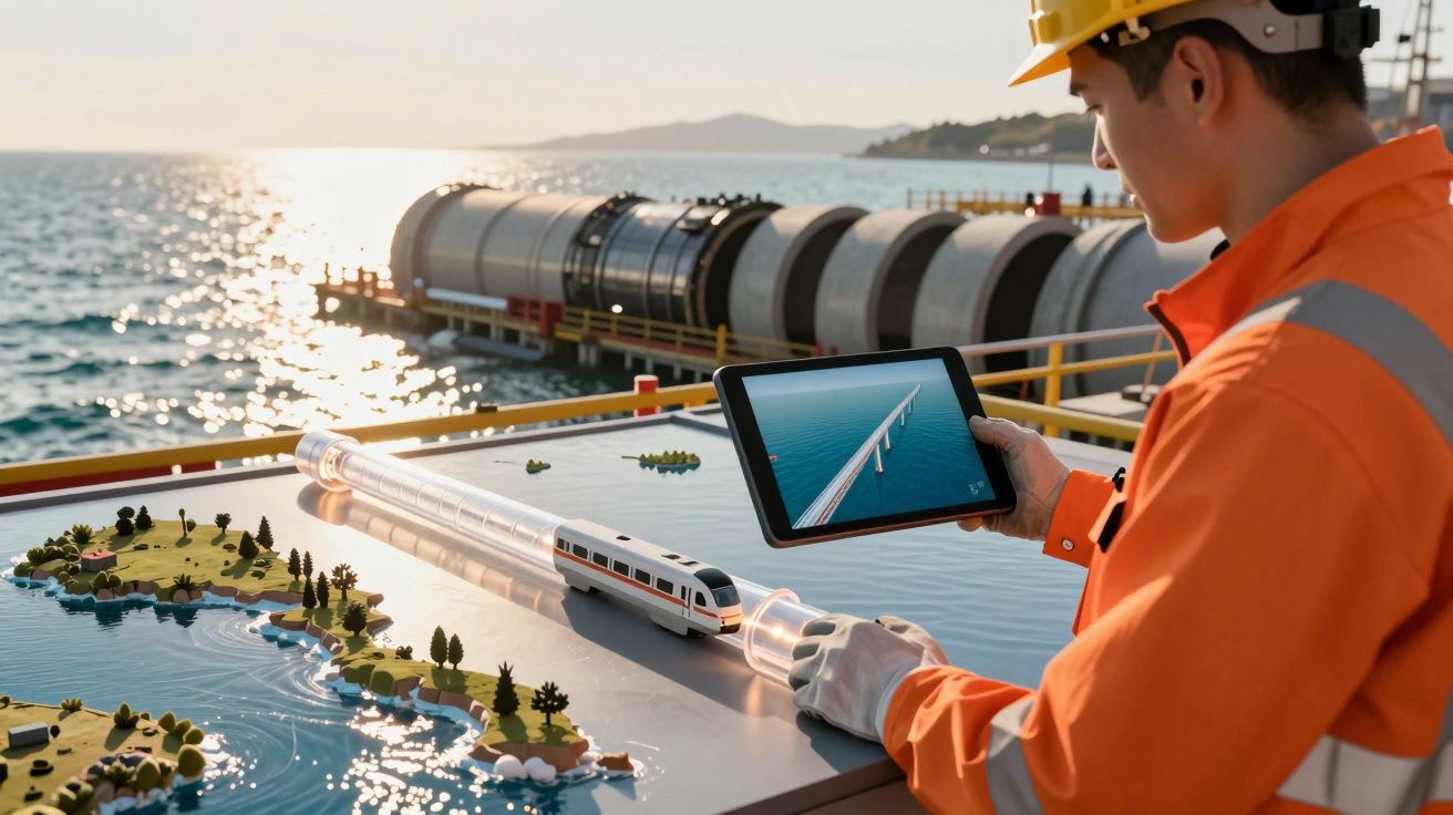 Trabalhador em obra marítima revê plano de construção de túnel com tablet ao lado de uma maquete de comboio.
