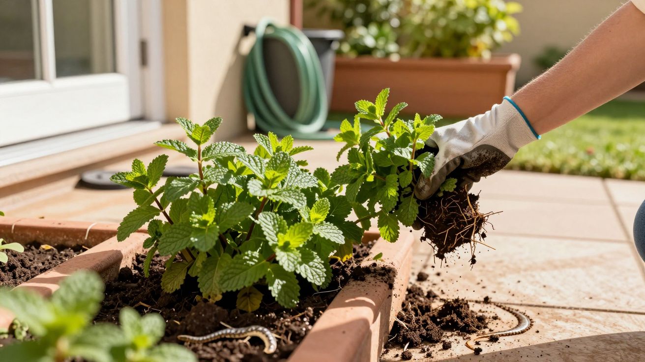 Pessoa com luva de jardinagem a transplantar planta verde para canteiro em varanda ensolarada.