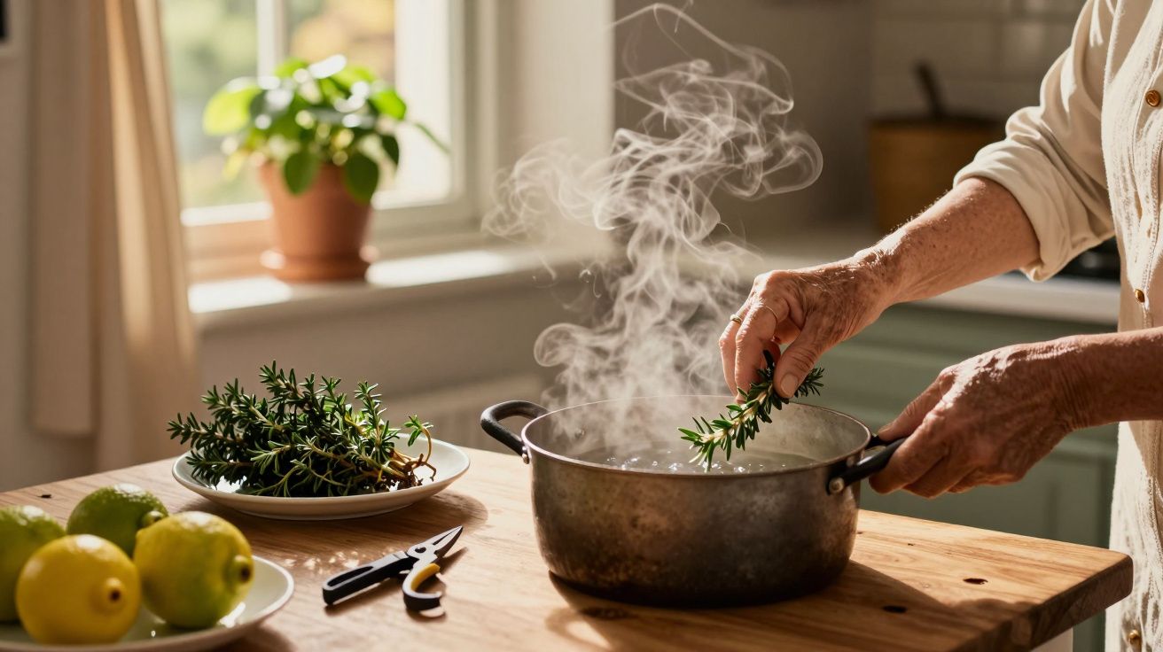 Pessoa adiciona raminho de alecrim a panela fumegante numa cozinha iluminada, com limões e ervas na mesa.