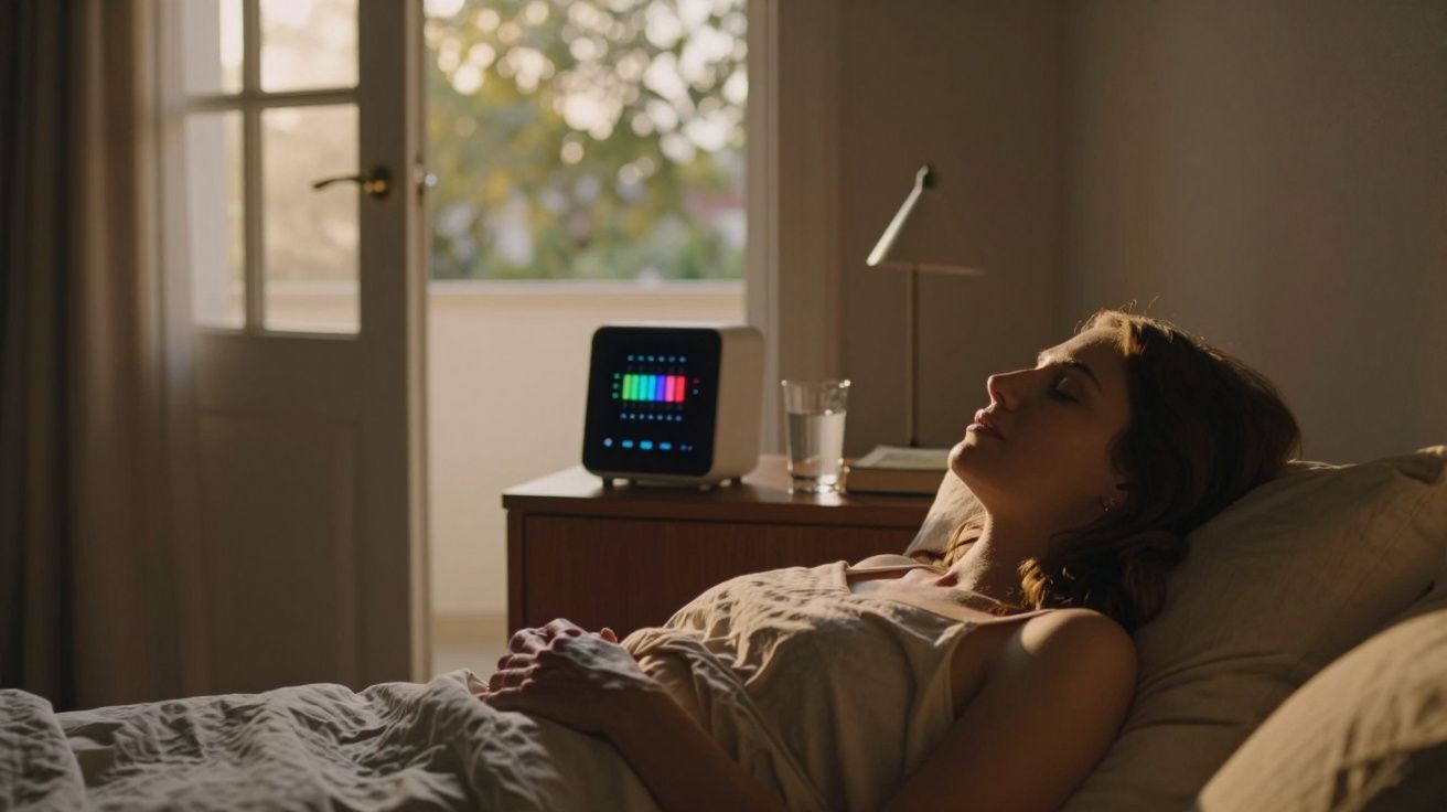 Mulher descansando na cama ao lado de mesa com dispositivo luminoso e copo de água, janela aberta ao fundo.