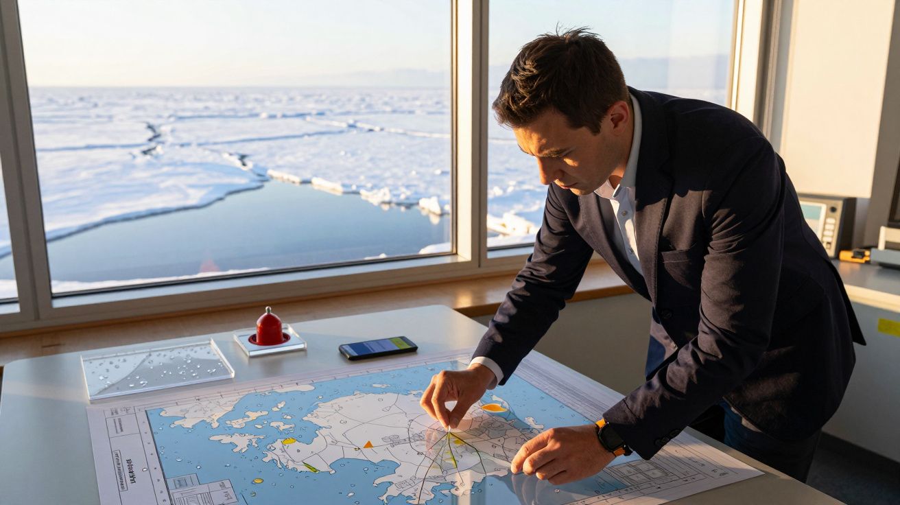 Homem analisa mapa de região polar num escritório com vista para a paisagem de gelo e mar.