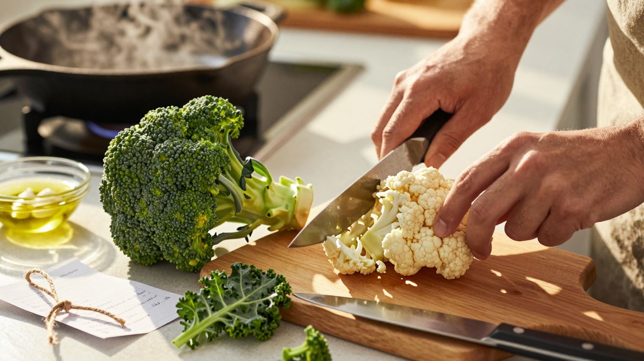 Mãos cortando couve-flor num tabuleiro de madeira, com brócolos e uma frigideira ao fundo.