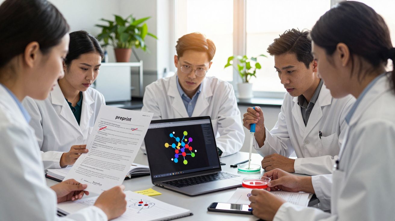 Cientistas em laboratório analisam dados num portátil e documentos, usando jalecos brancos para pesquisa colaborativa.