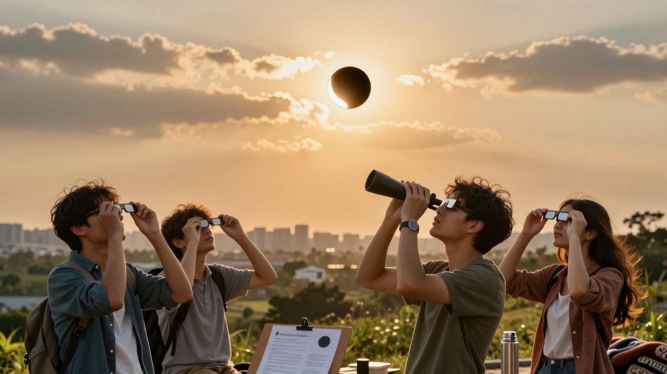 Grupo de pessoas observando eclipse solar com óculos de proteção e telescópio ao pôr do sol.