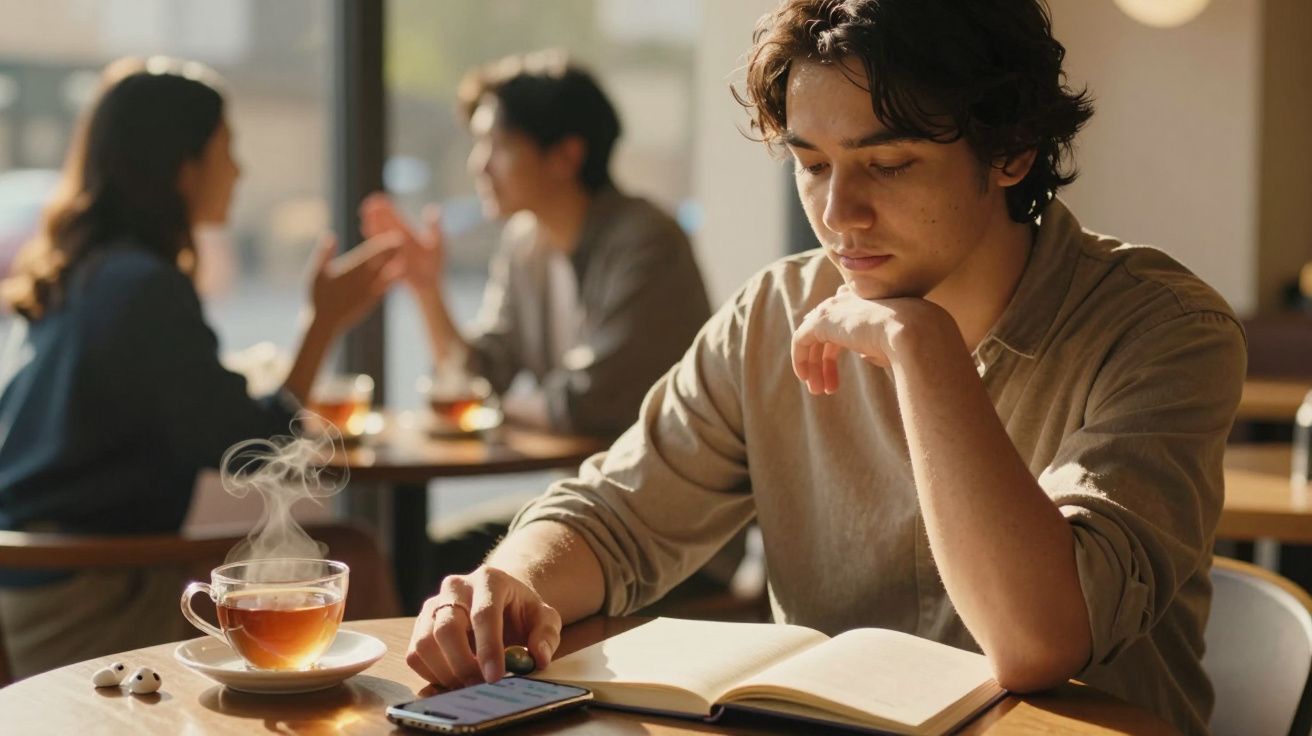Jovem num café, concentrado em livro aberto com chá fumegante ao lado, enquanto duas pessoas conversam ao fundo.